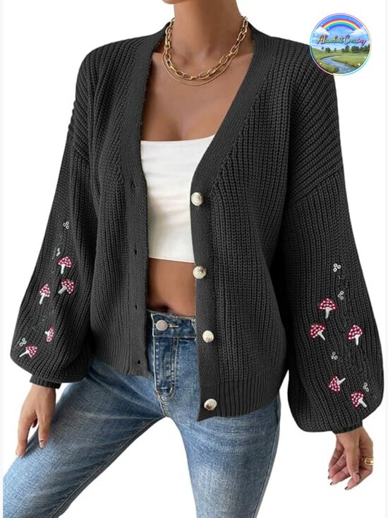 Sweaters - Embroidery Drop Shoulder Button Front Duster Knit Cardigan